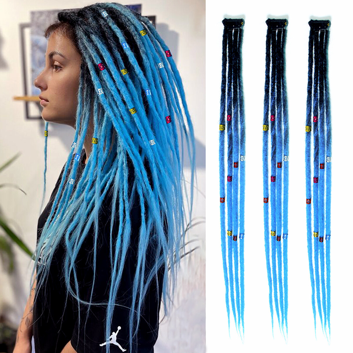 24″ Colorful Clip In Dreadlocks Extensions Thin Soft Dreads Locs w/ Dreads Beads