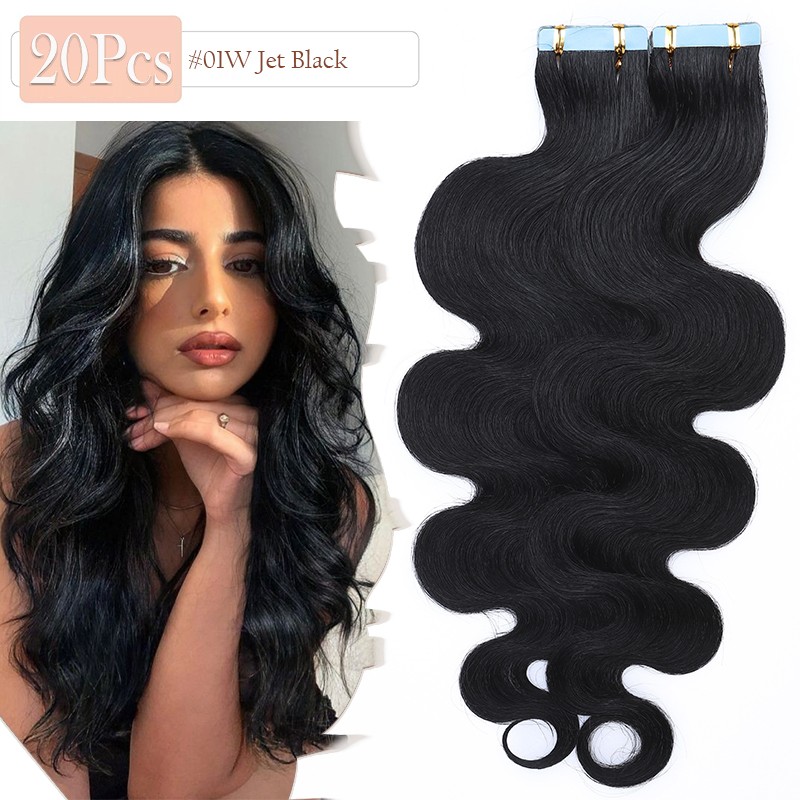 Glue Body Wave Tape In 100% Remy Human Hair Extensions Skin Weft Thick Highlight