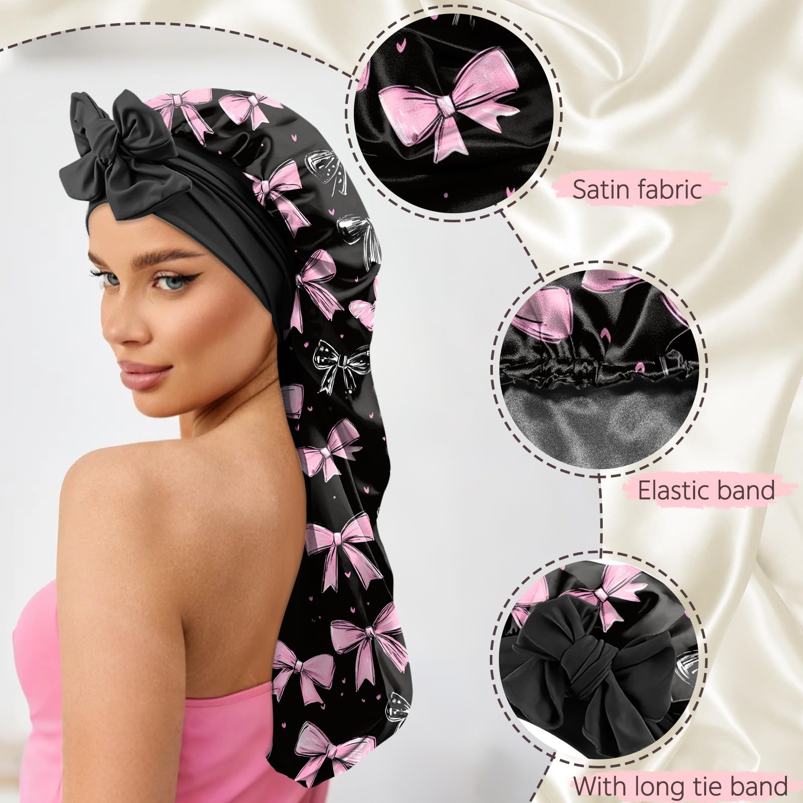 Cabreche Long Satin Hair Braid Bonnet for Sleeping 27 inches, Ao19-black Pink