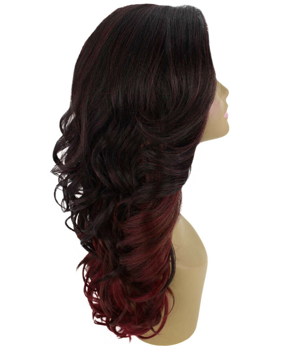 LUXLUXE Yenne Wavy 23 in 4X4 Hand Tied Lace Front Wig, Deep Red over Medium Red