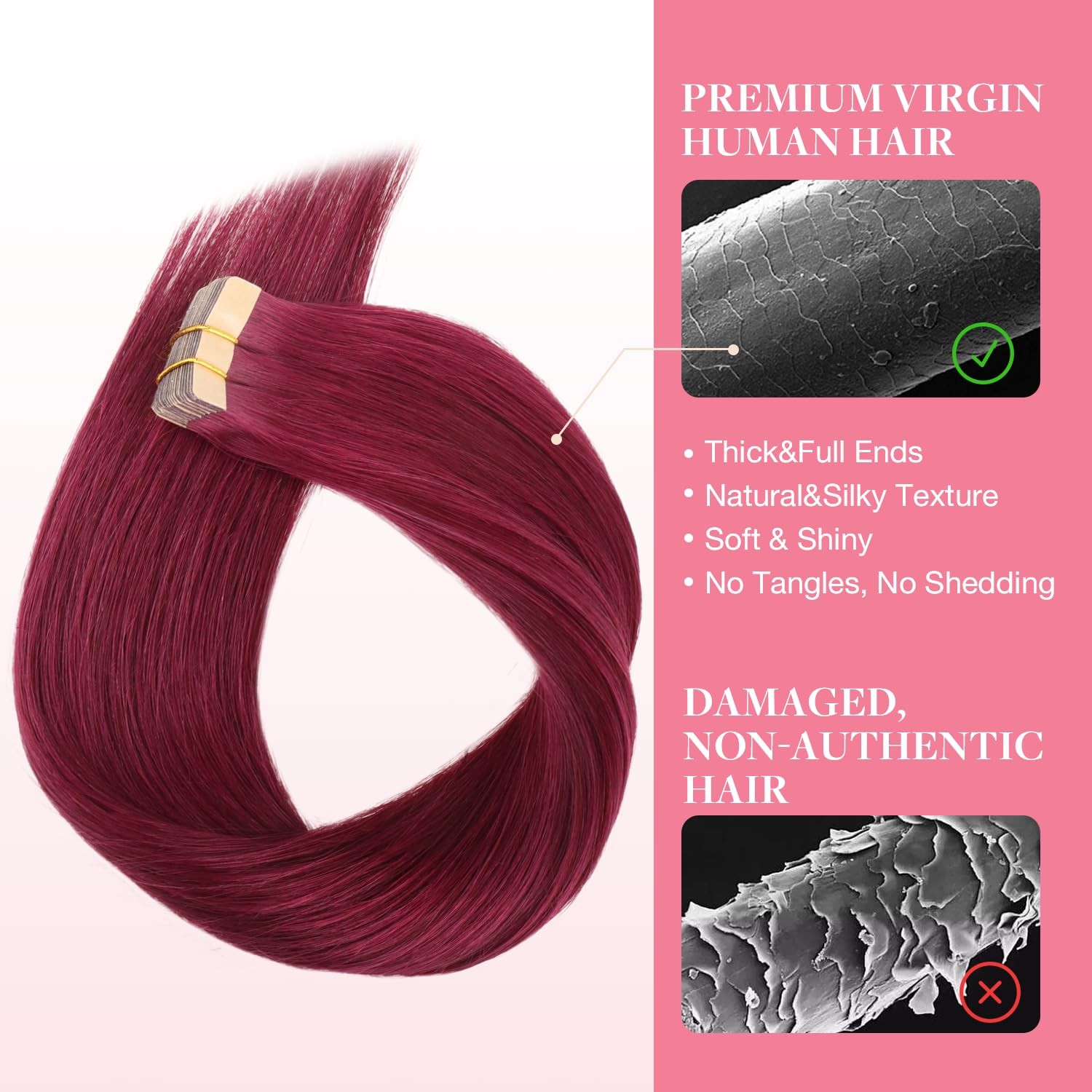 GOO GOO Tape in Hair Extensions Human, Burgundy, 12inch 20g 10pcs