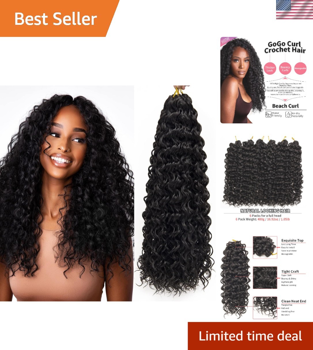 GoGo Curl Water Wave Curly Crochet Hair – 18 inch, Pack of 6 in 1B Natural Black