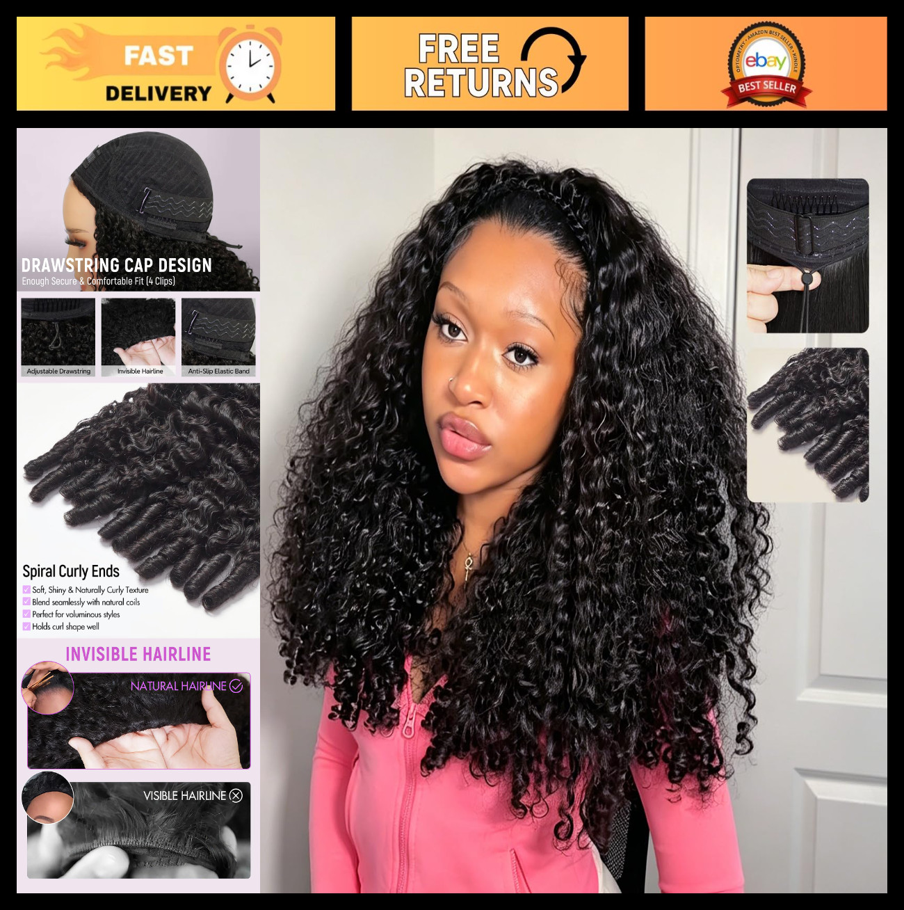 Burmese Curly Half Wig 20″ – 3-in-1 Drawstring, Seamless, Glueless, Easy Wear fo