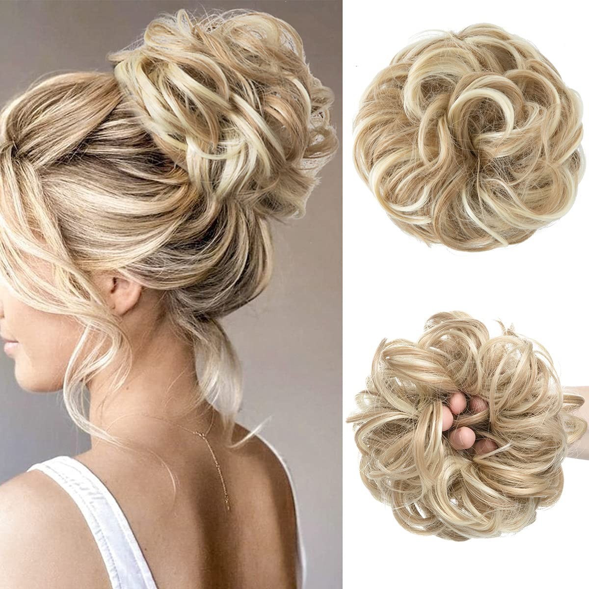 Large Messy Bun Hair Piece Wavy Curly Scrunchies Synthetic Chignon Ponytail H…