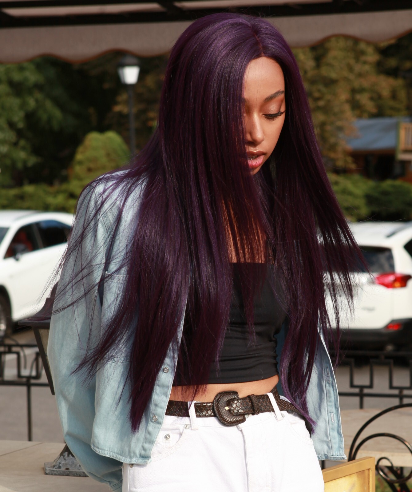 LUXLUXE Yoko Straight 30″ Long 360 Degree Hand-Tied Lace Front Wig Violet Blend