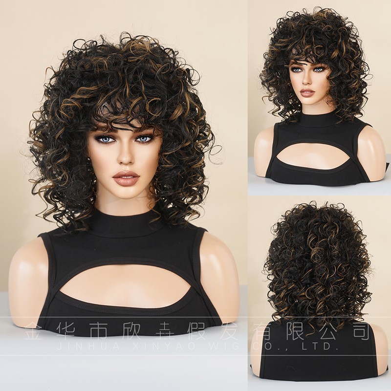Custom Short Tight Curly Wig with Bangs Rose Net Cap Machine Made Synthetic