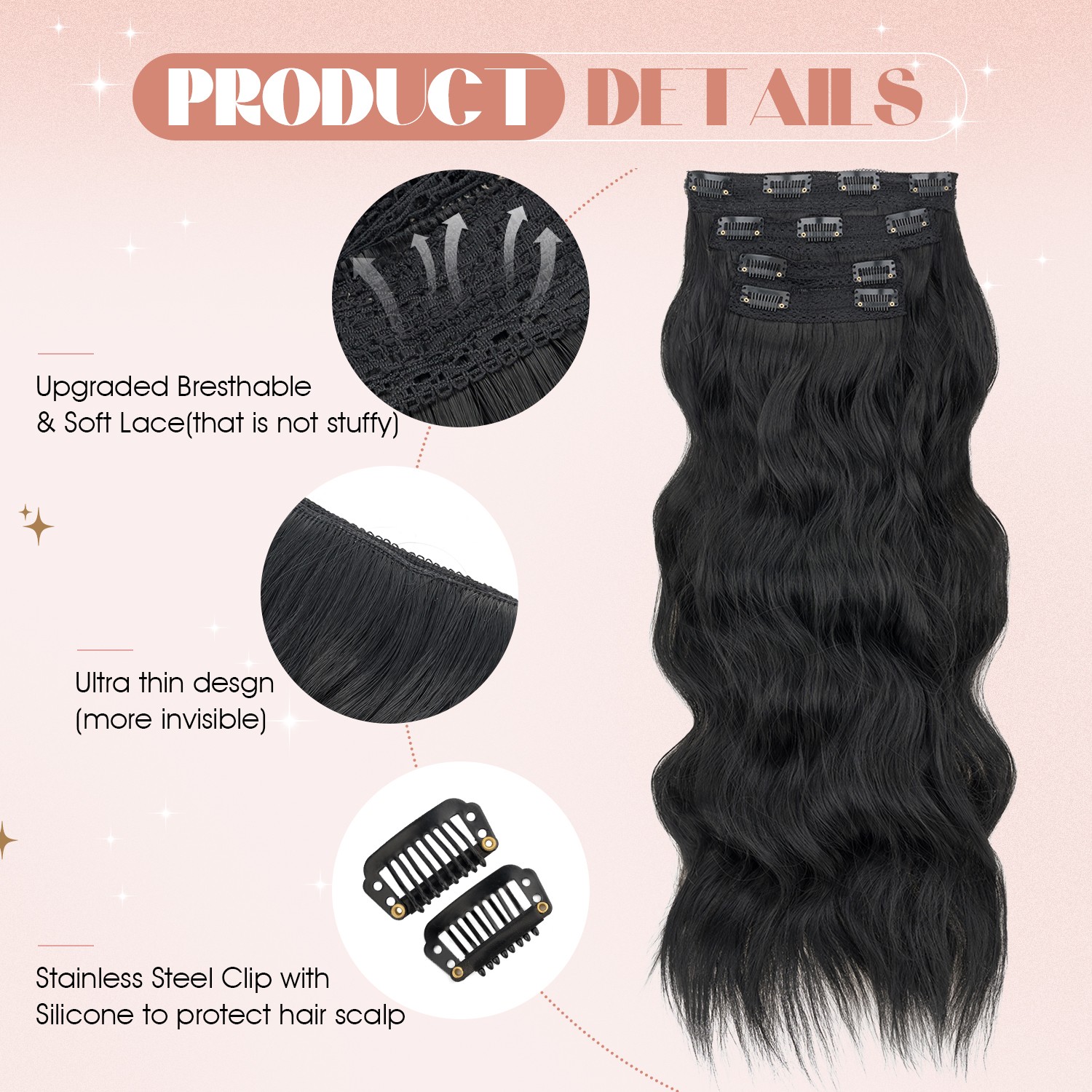 THICK Clip in Hair Extensions 4 Pcs Thick Double Lace Weft Long Wavy Soft Silky