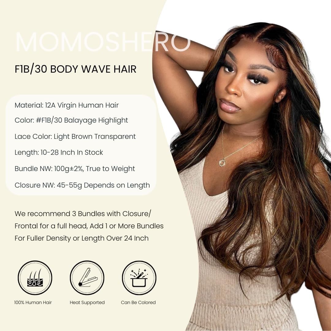 MOMOSHERO #1b/30 Brown Highlight Body Wave 3 Bundles with 13×4 Ear to Ear Fro…