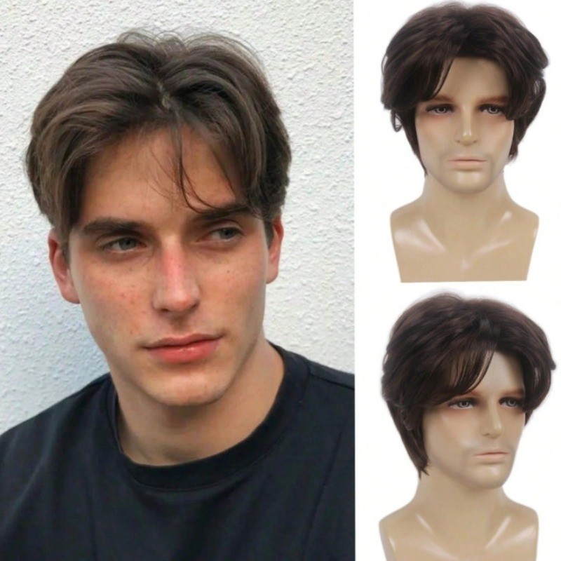 Men Brown Wig Fashion Short Beanie Hairpiece Male Universal Cosplay Glueless Wig