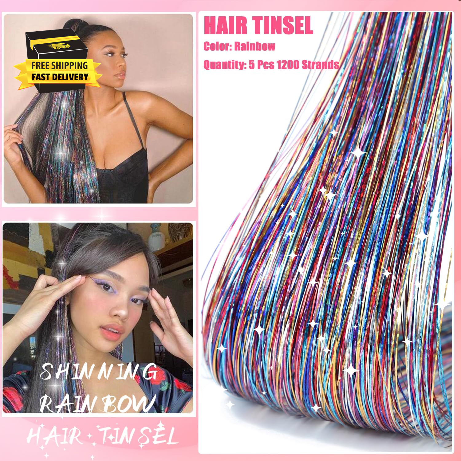 Hair Tinsel, (48 Inch 5Pcs 1200 Strands) Colorful Glitter Tinsel Hair Extensions
