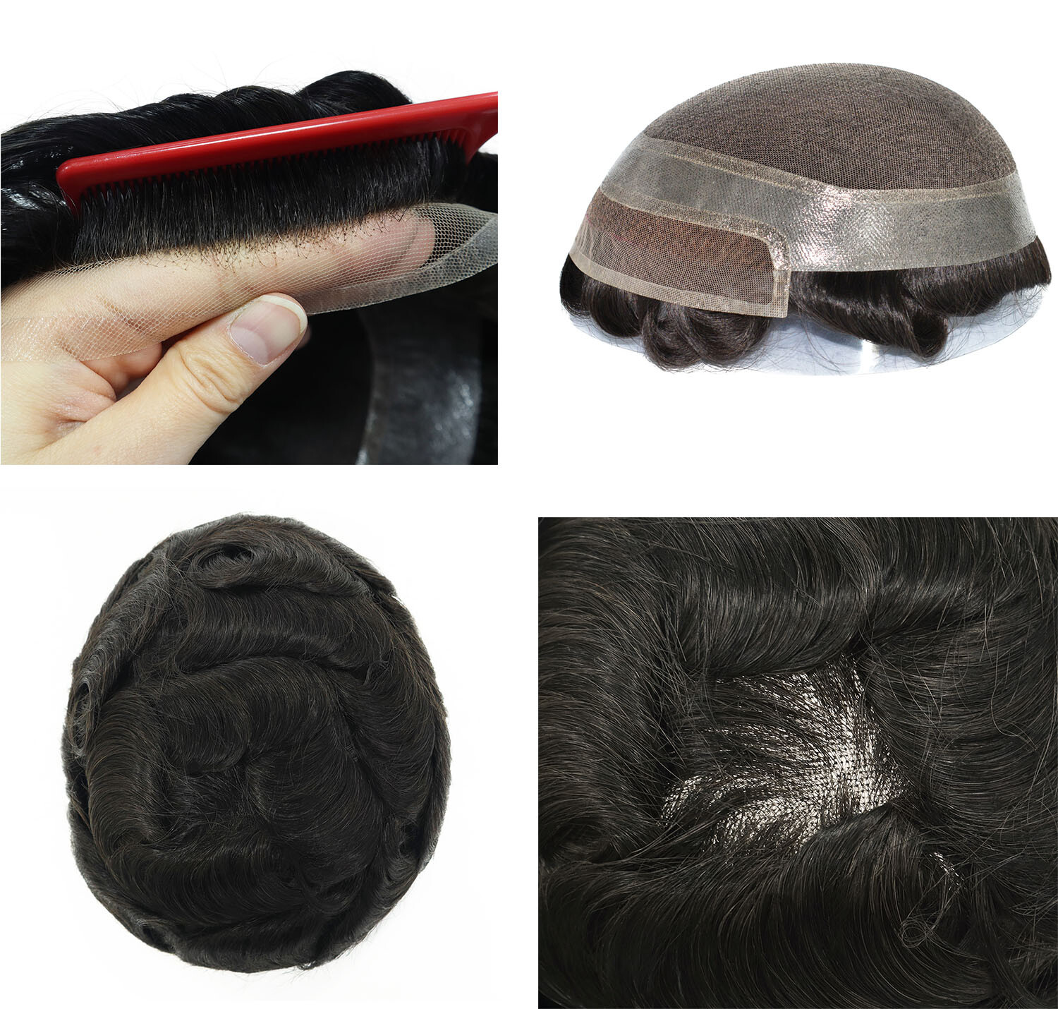 Toupee For Men Human Hair Lace Poly Skin Replecement System Hairpieces Black