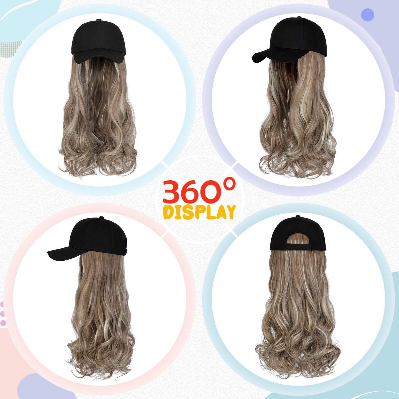 Baseball Hat ,Hat with Hair attached 24” Adjustable Black Cap with Long Wavy…