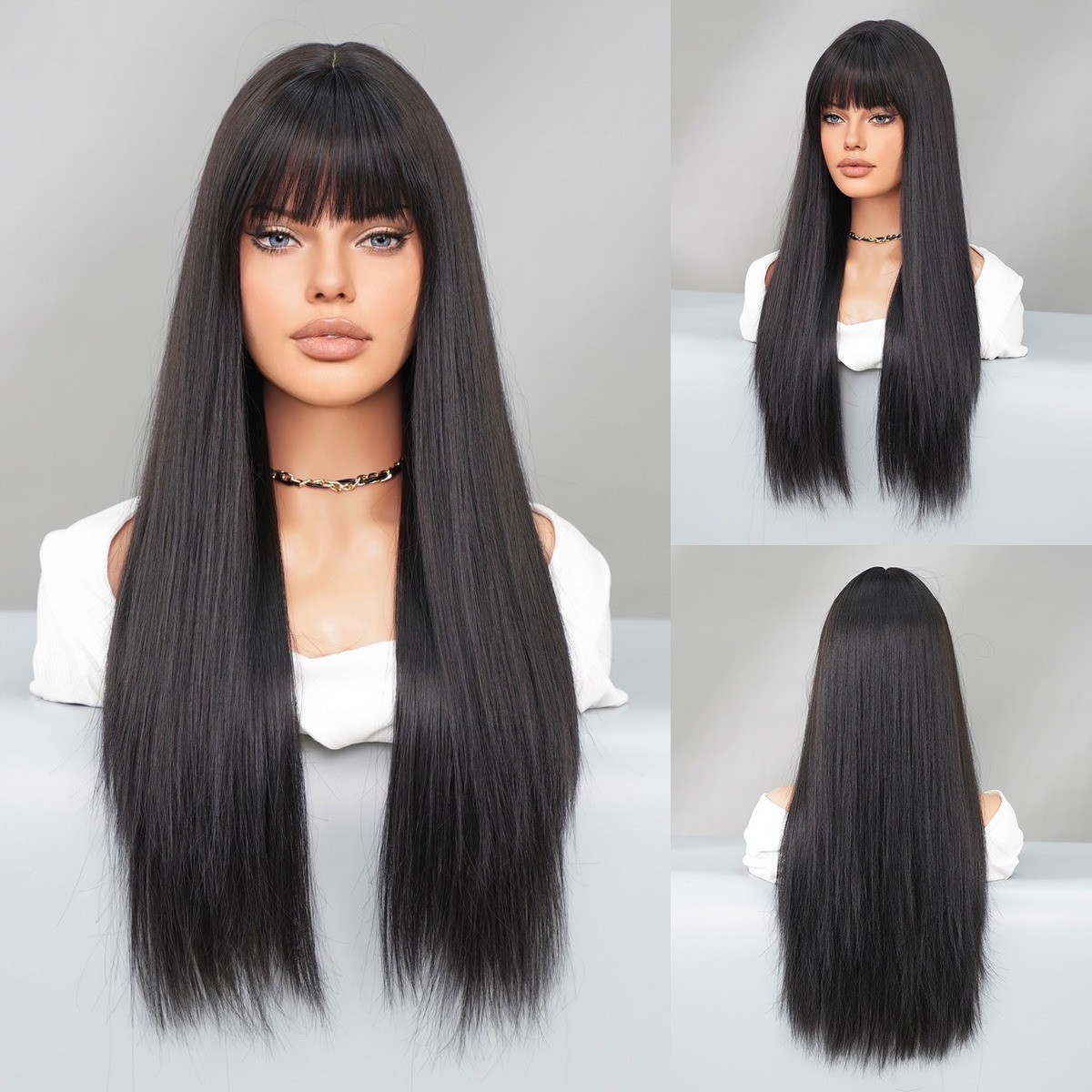 Long Straight Ginger Wig with Bangs for Women Synthetic Hair
