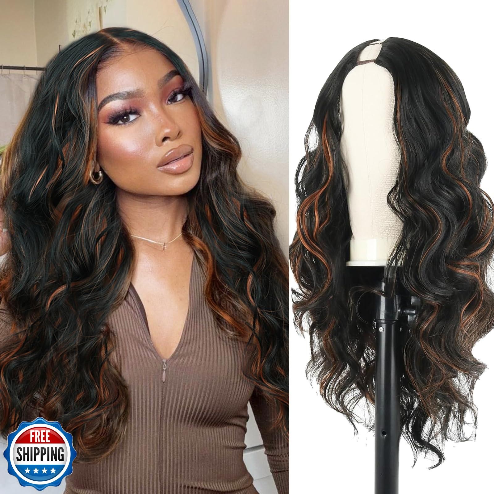 KRSI Highlights Brown V Part Wig Upgrade U Part Wigs Clip in Synthetic Hair R