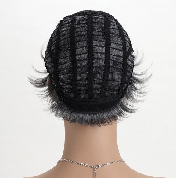 Women Short Pixie Cut Black Root Ombre Wig Fluffy Soft Mixed Black Grey Wig