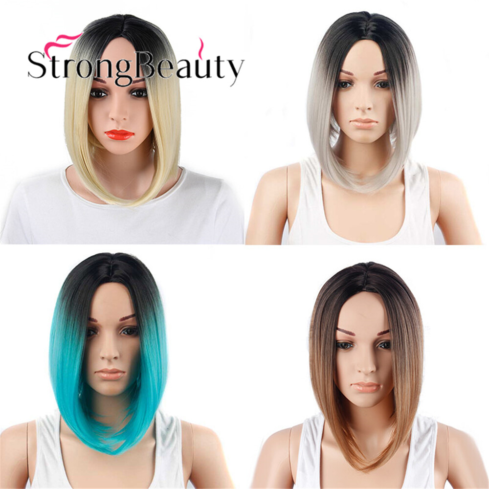 Synthetic Ombre Green Bob Wig Dark Roots Short Straight Hair Wigs for Women