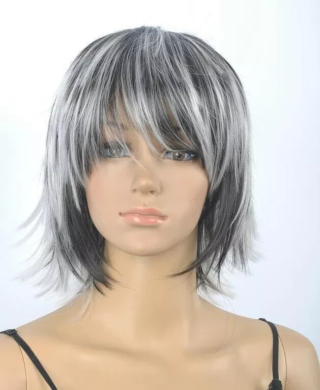 New Fashion Black White Short Straight Women Lady Hair Wig Cosplay Wigs