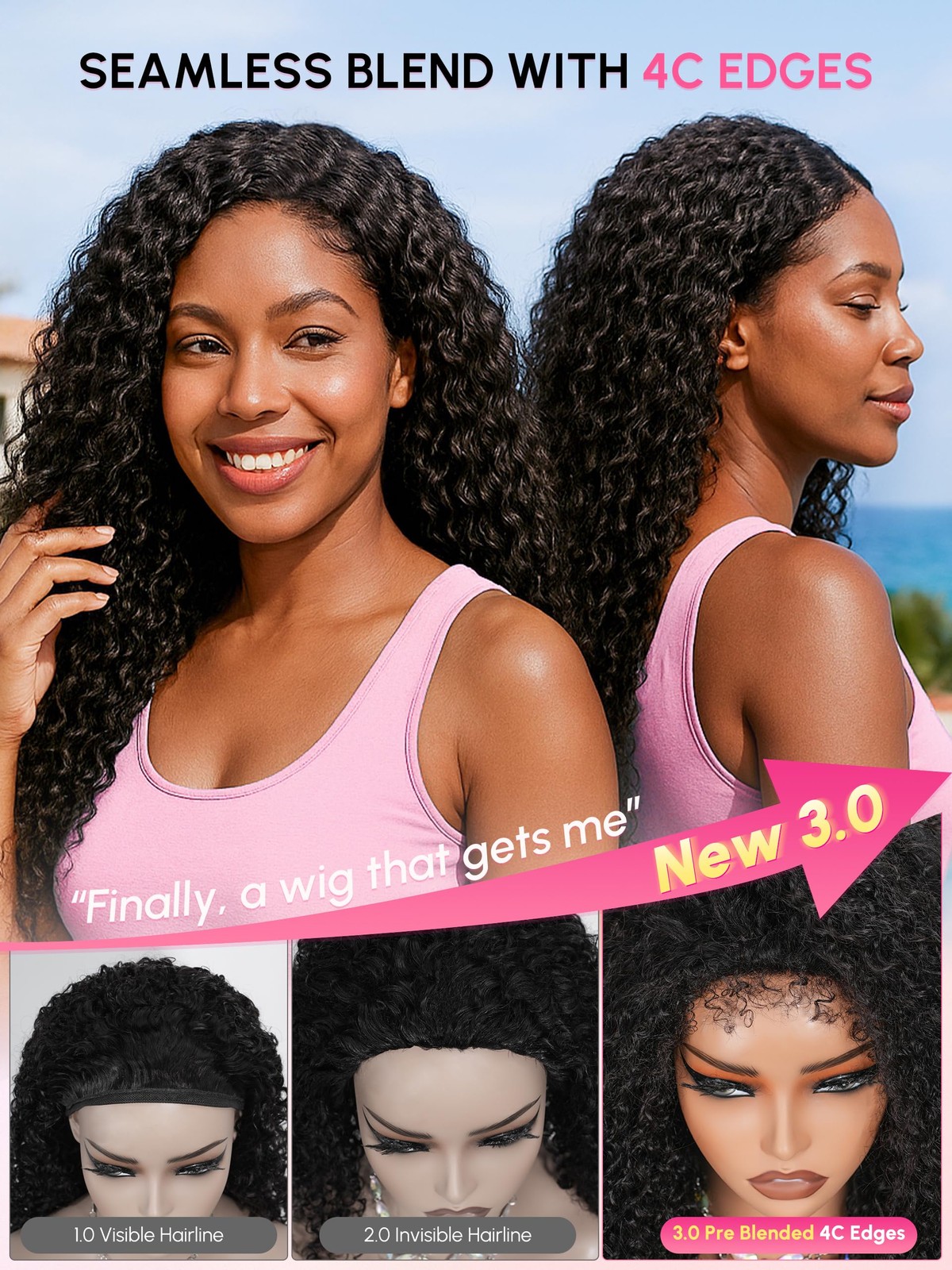 Shangyinfa Water Wave Half Wig Human Hair Invisi Drawstring 4C Edge 3 In 1 Wig