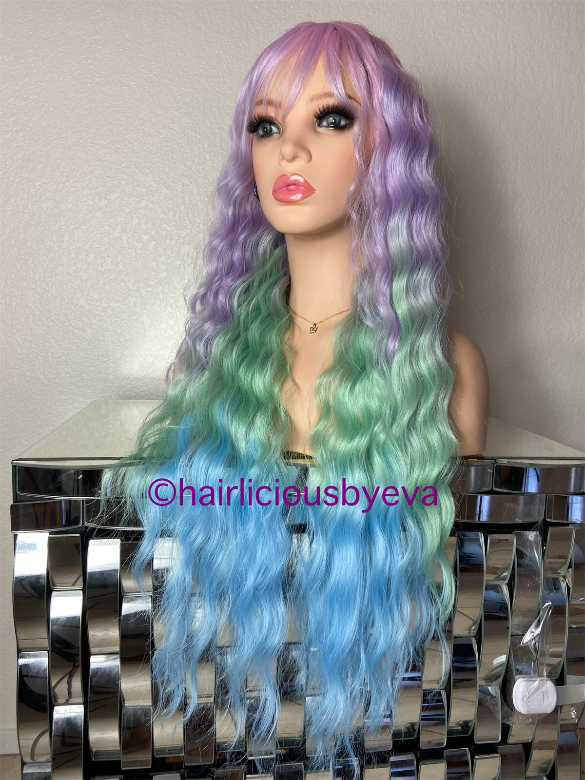 Pastel rainbow wig with bangs 24 inch long heat ok wavy