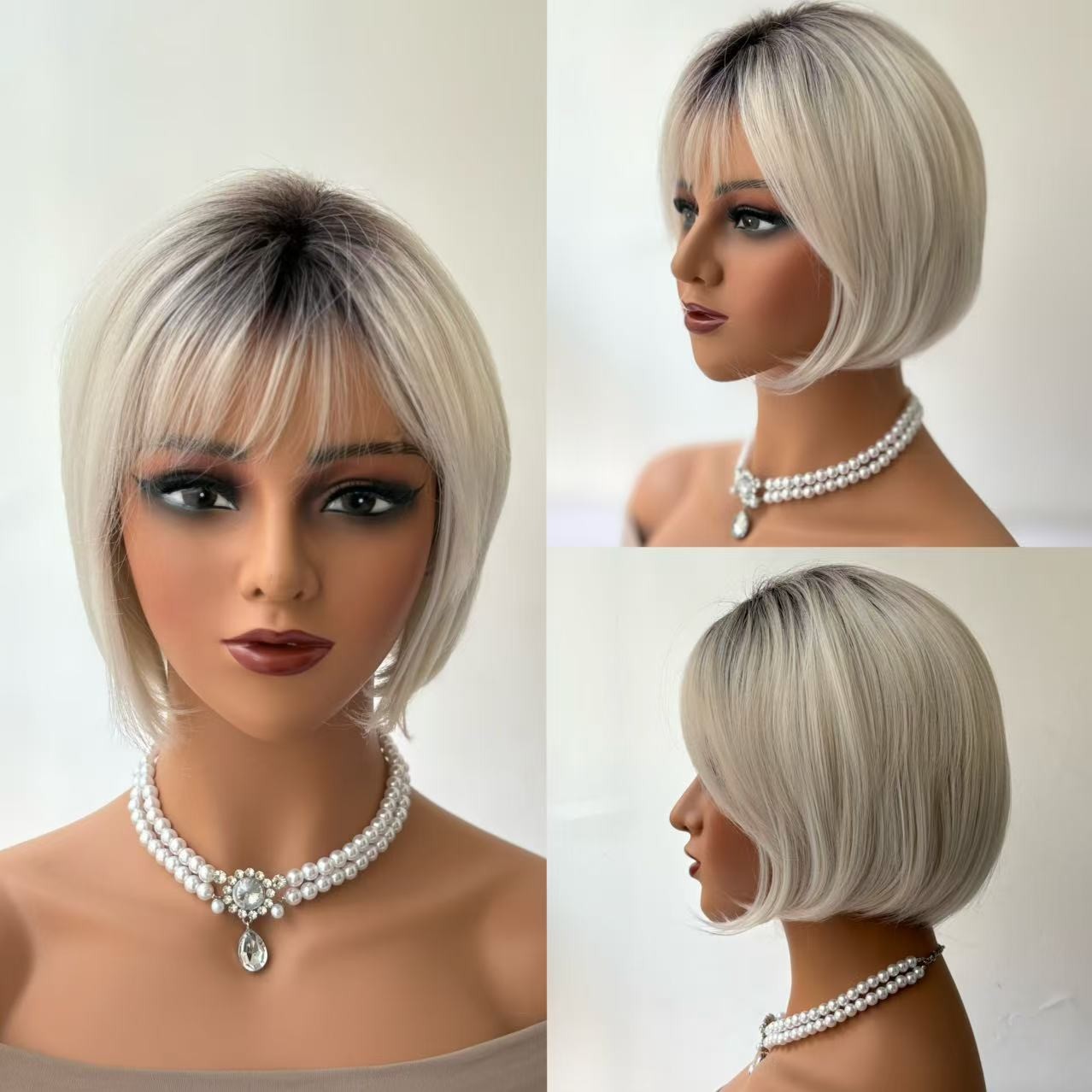 Synthetic Hair Short Straight Ombre White Blonde Bob Wigs with Bangs for Women