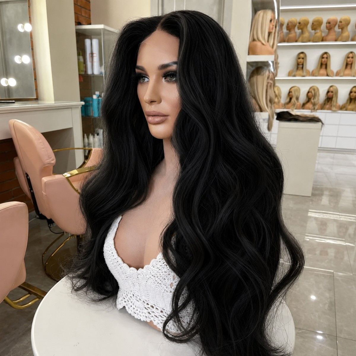 Off black Long Wavy Women Synthetic Hair Heat Resistant Lace Front Wig