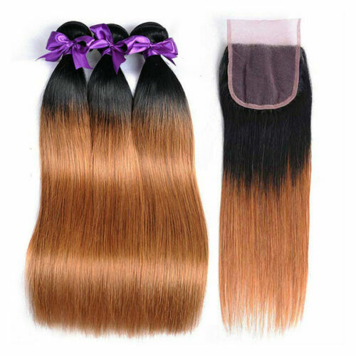 1B/30# BRAZILIAN OMBRE BRAZILIAN VIRGIN HUMAN HAIR 3/4/5BUNDLE+CLOSURE STRAIGHT