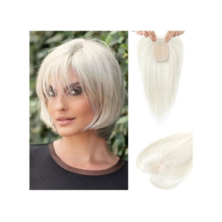 White Human Hair Topper with Bangs & Silk Base, Lace Clip – 10″ Silver Blonde