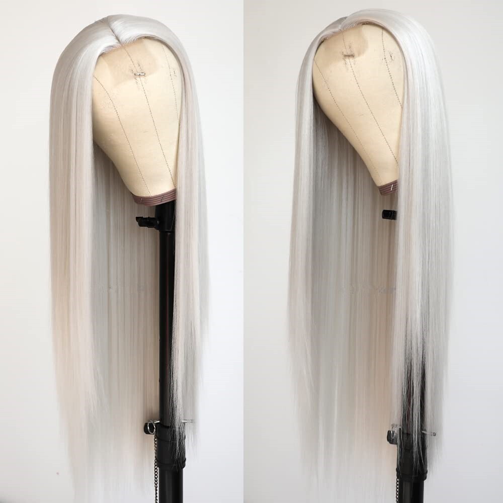 Women Long Lace Front Wigs Straight White Wig Synthetic Hair Heat Resistant Soft