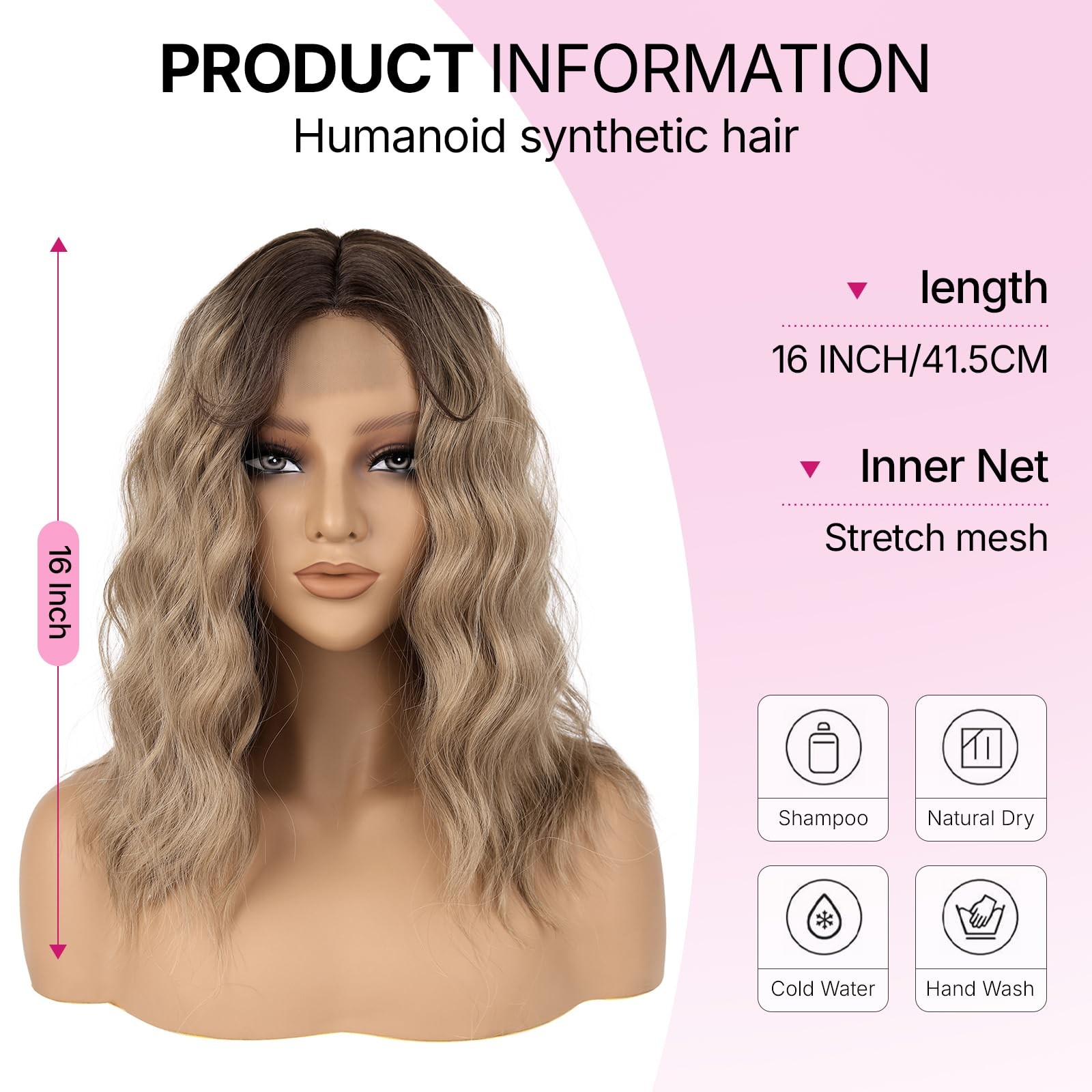 Ombre Ash Blonde Wig for Women – 16 Inch Medium Length Wavy, Heat Resistant S…
