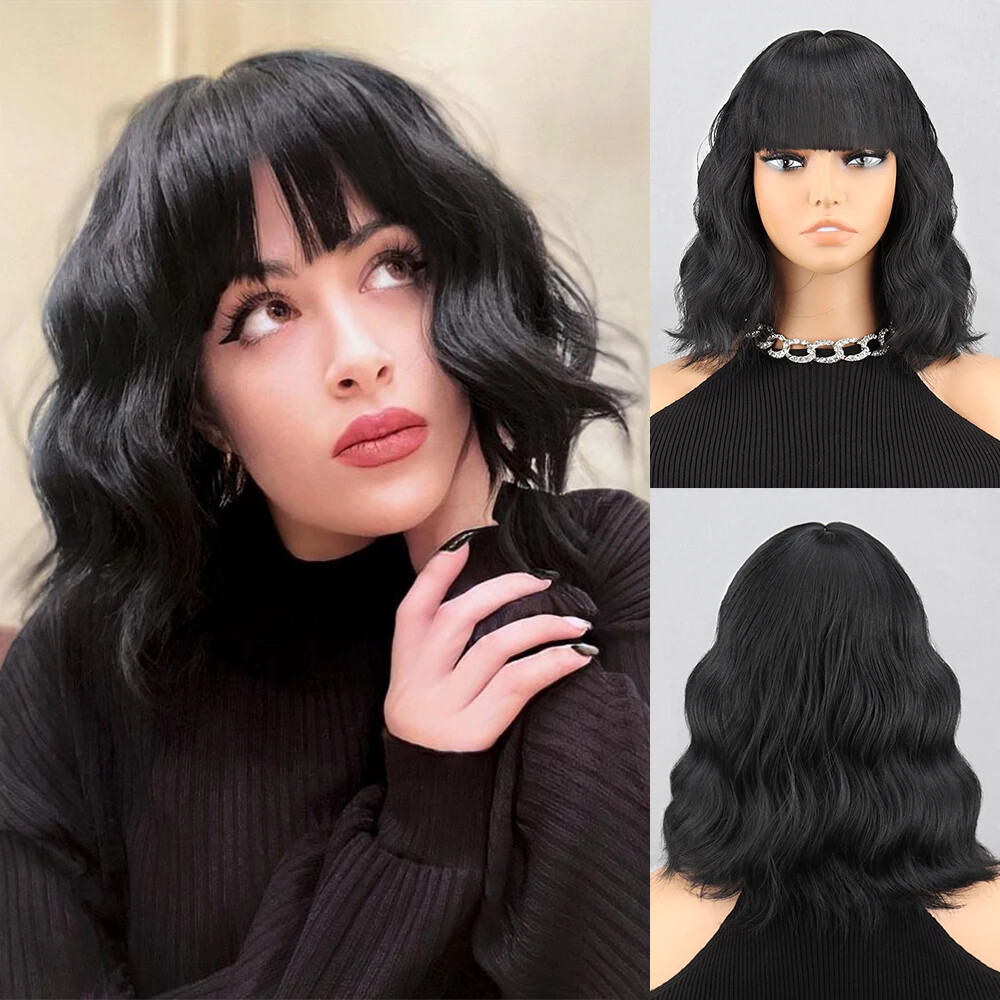 New Short Brown Synthetic Wig Women’s Bangs Dark Blue Pink Black Wig Party Use