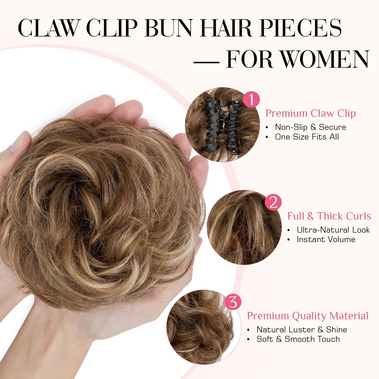 Claw Clip Messy Bun Hair Piece 100% Real Human Hair #4P27 Medium Brown Mix