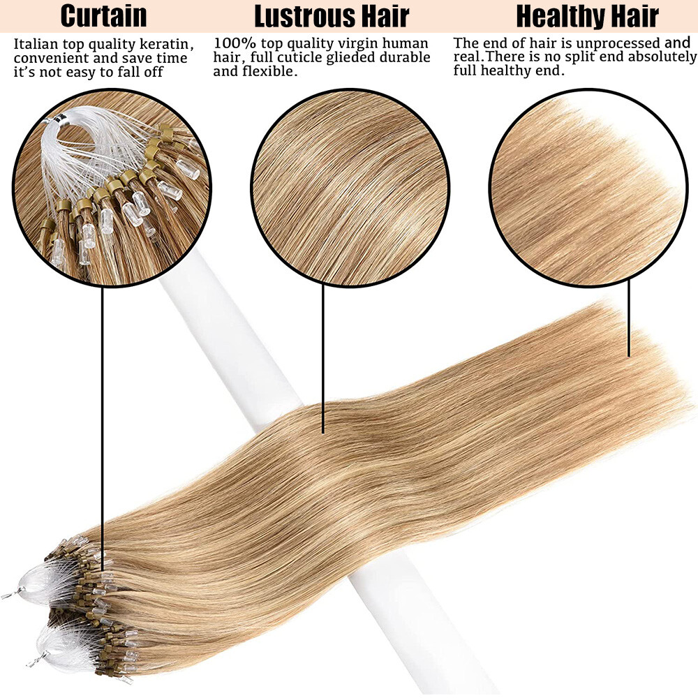 Micro Ring Loop Tip 100% Remy Human Hair Extensions Micro Beads Link Full Head