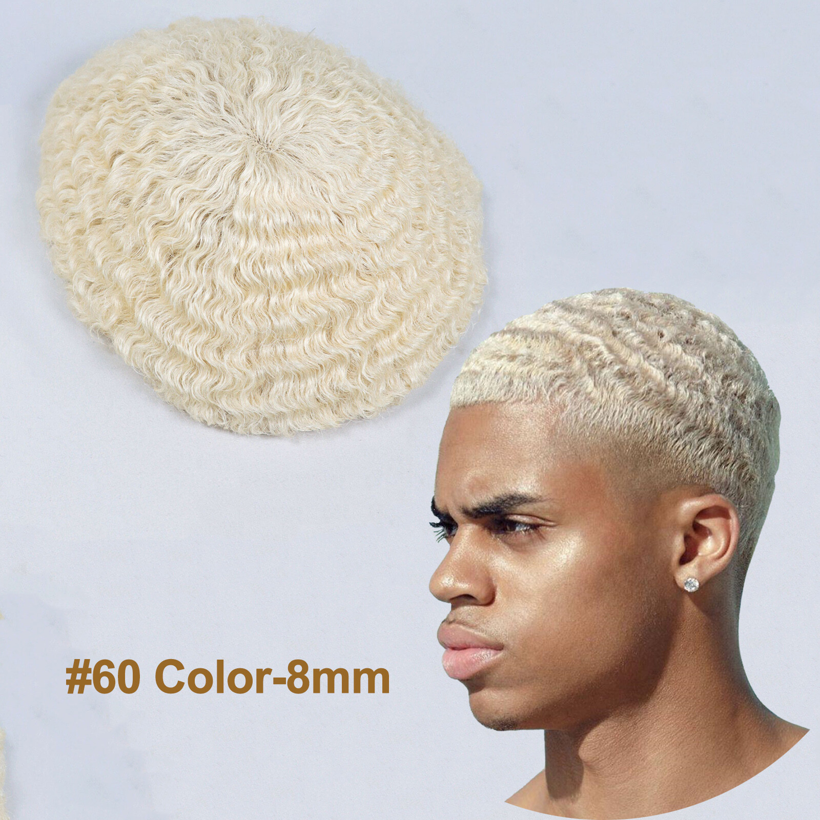 Mono Base Men’s Full Lace Toupee 60# Platinum Blonde Afro Human Hair 8×10 Inch