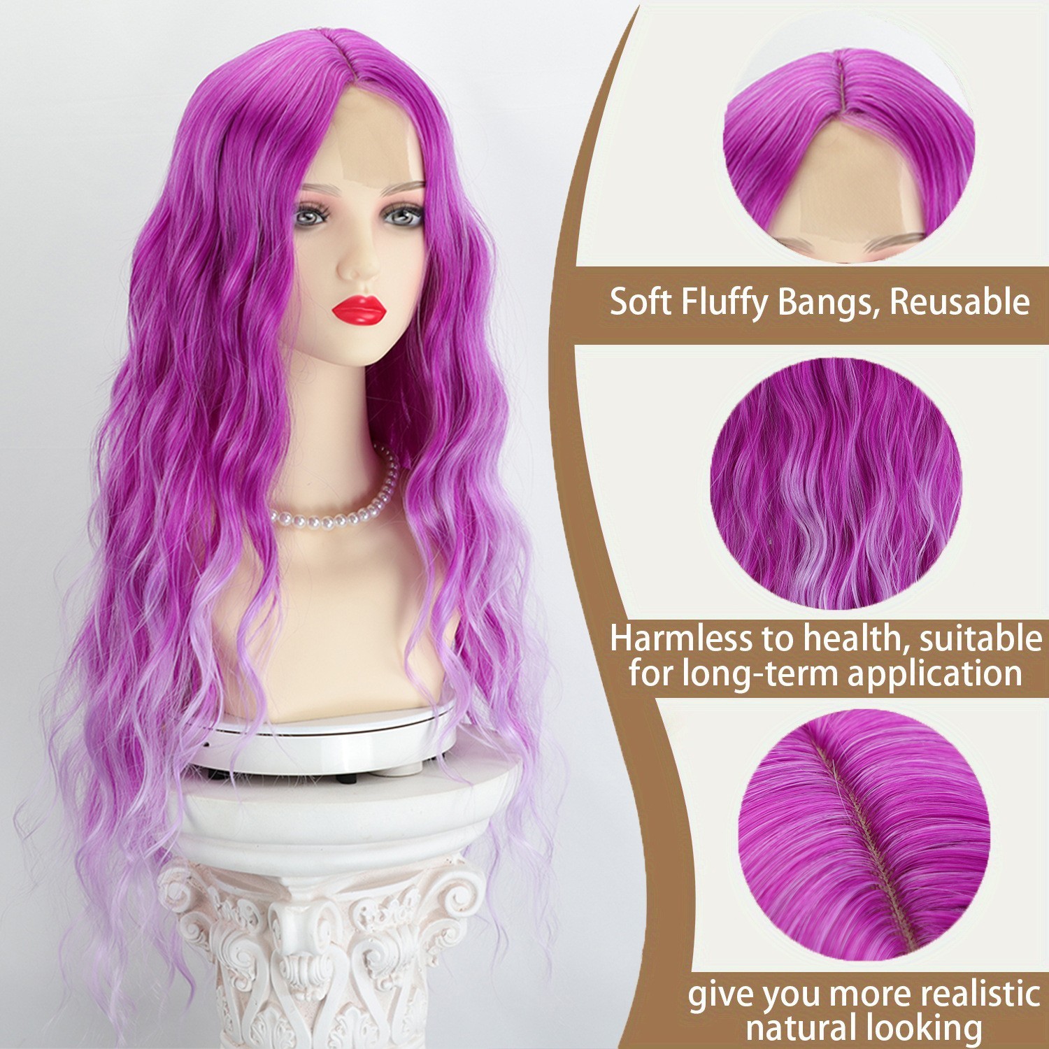 Women’s Ombre Blue Purple Long Wavy Synthetic Wig, Middle Part Lace Front Wig
