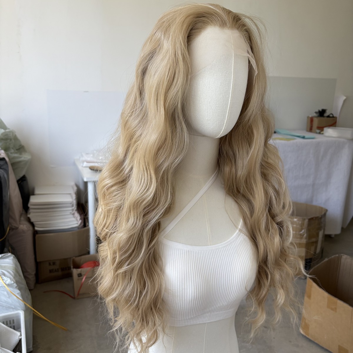 Ash Blonde Synthetic Hair Heat Resistant Lace Frontal Wig Long Wavy Layered