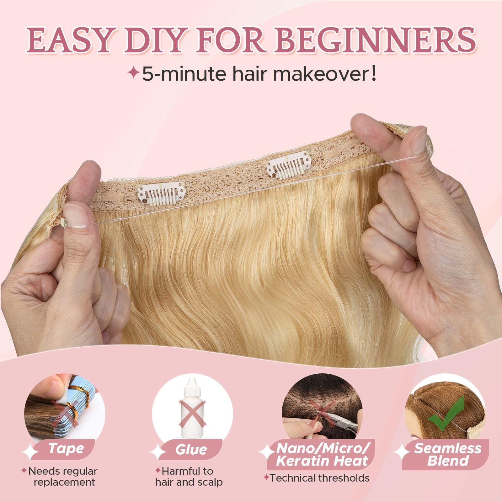 Sego Halo Hair Extensions Wavy Adjustable Invisible Wire Extensions Real Human