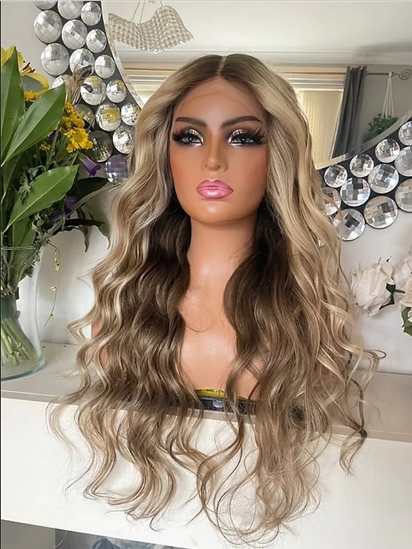 26Inch Ash Blonde Platinum Highlights 13×4 Lace Front Wig 100% Human Hair Wig