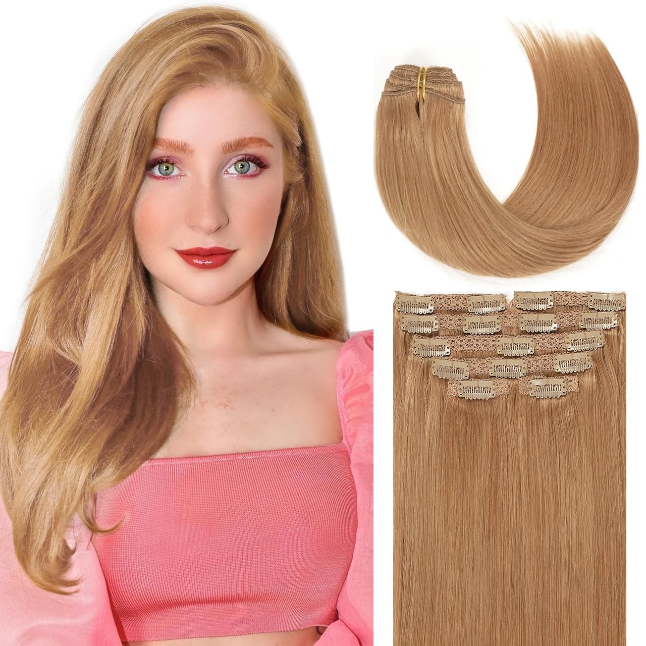 Lacer Auburn Clip Human Hair Extensions Silky Straight Thick Ginger Blonde
