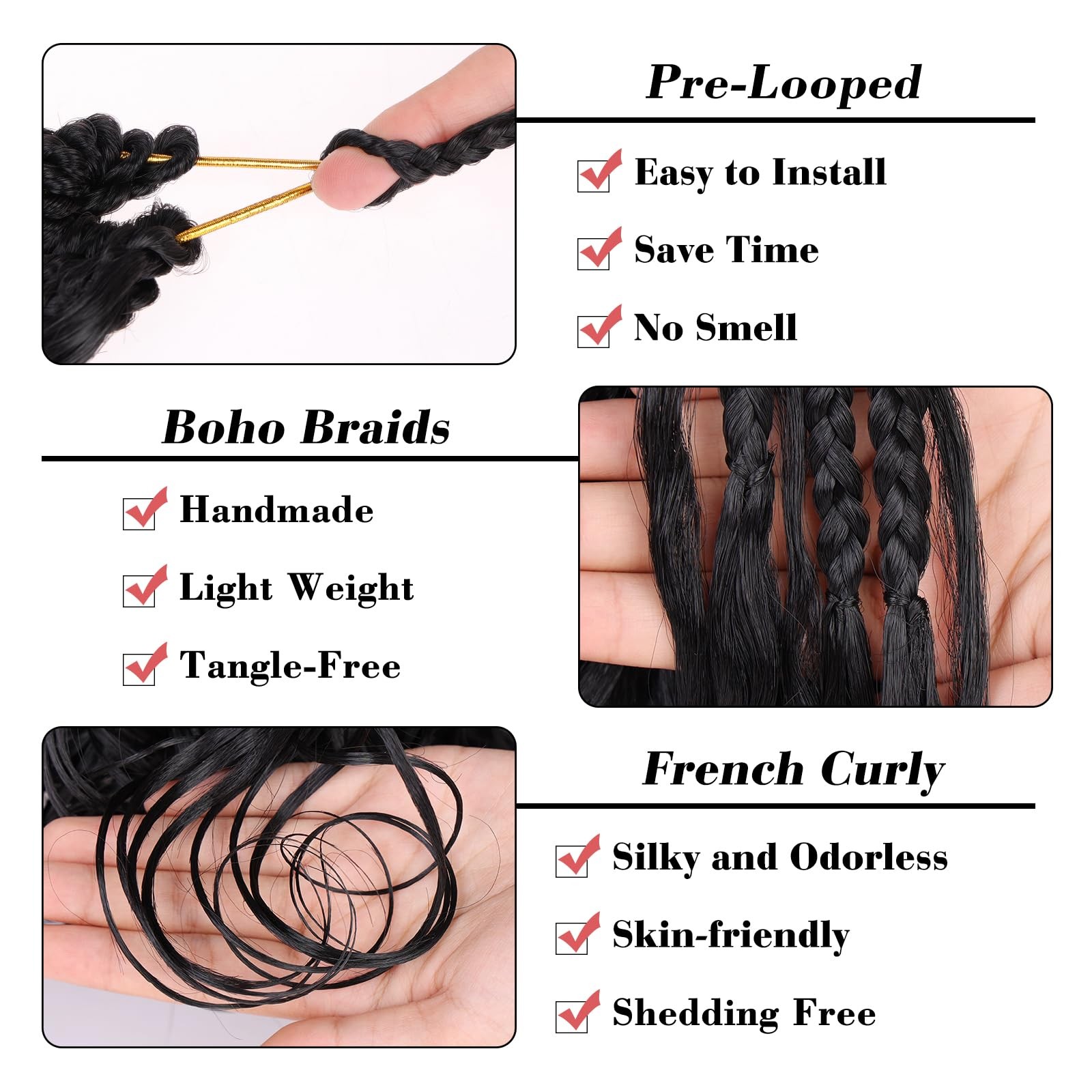 Boho French Curl Crochet Braids 14 Inch 8 Packs Black Pre Looped Curly Croche…