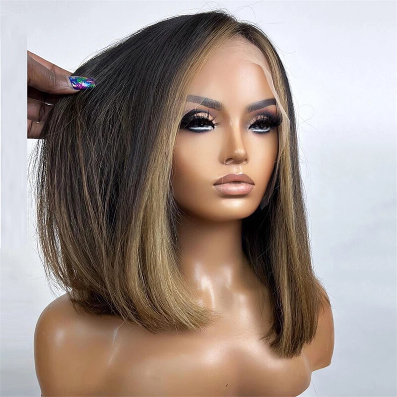 Short Bob Wigs Human Hair Brazilian Hair Ombre Black Brown 4×4 Lace Front