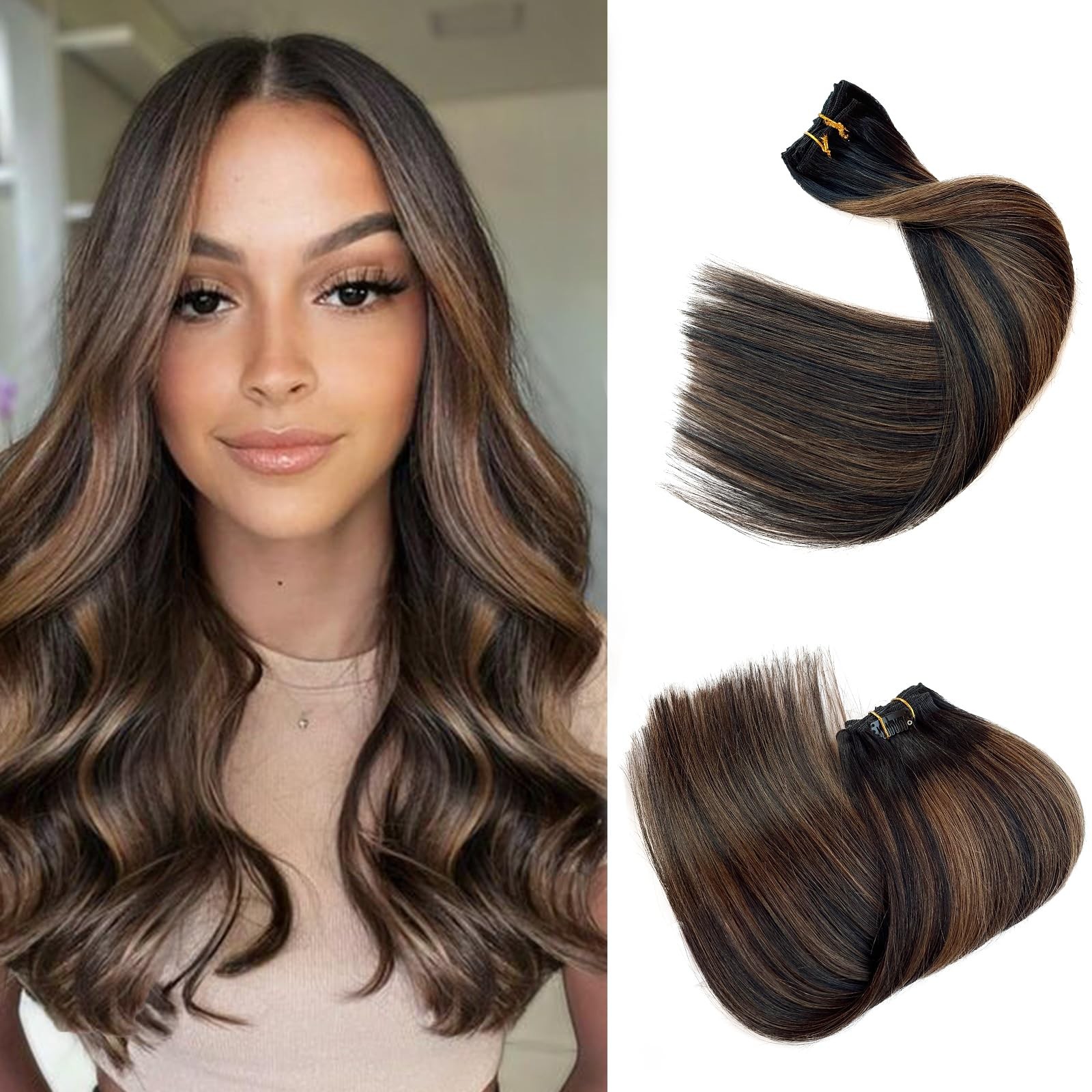 Black Brown Clip in Hair Extensions Balayage Human Hair Clip in Extensions 22 In