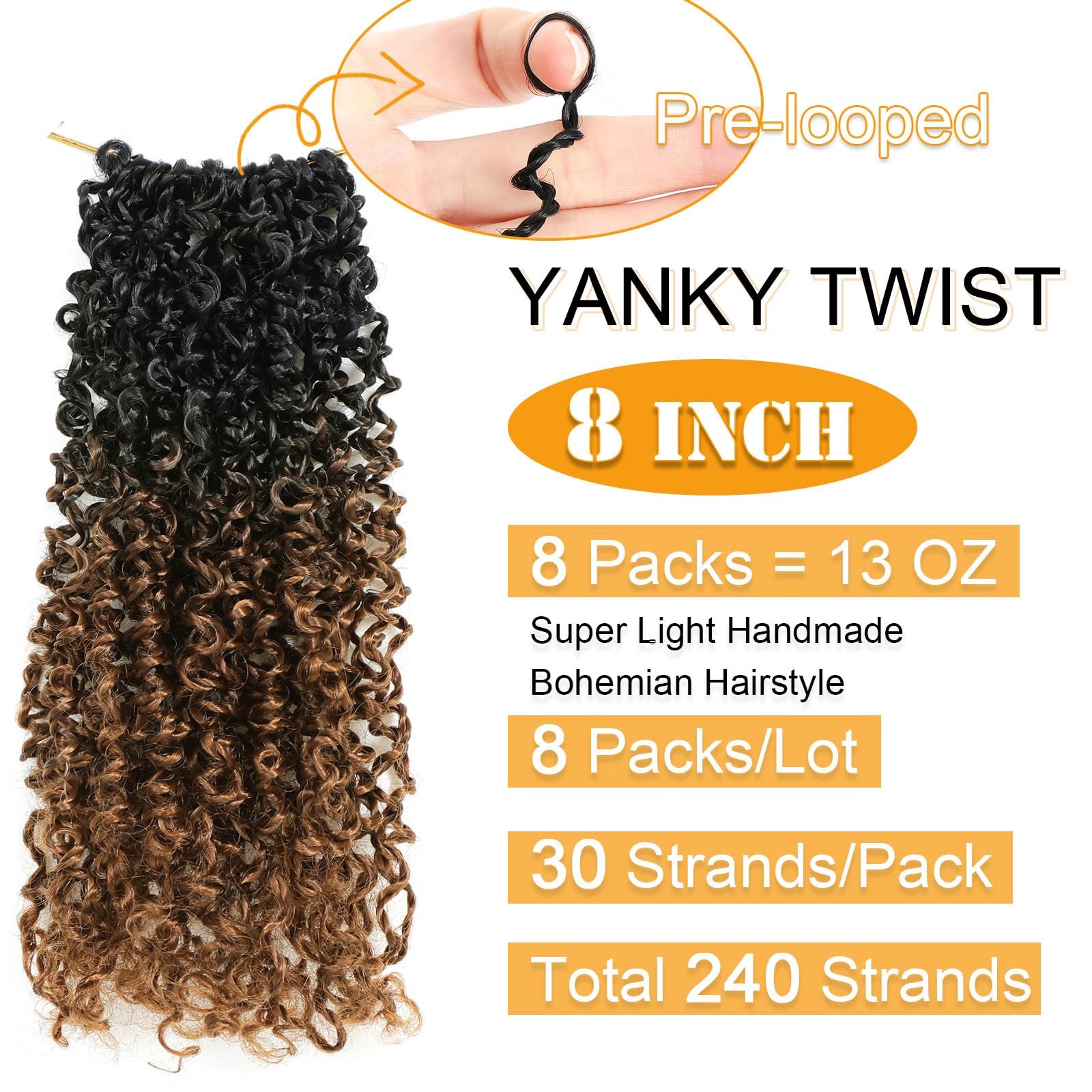 8 Inch Yanky Twist Crochet Hair 8 Packs Pre-looped Brown Spring Mini Passion