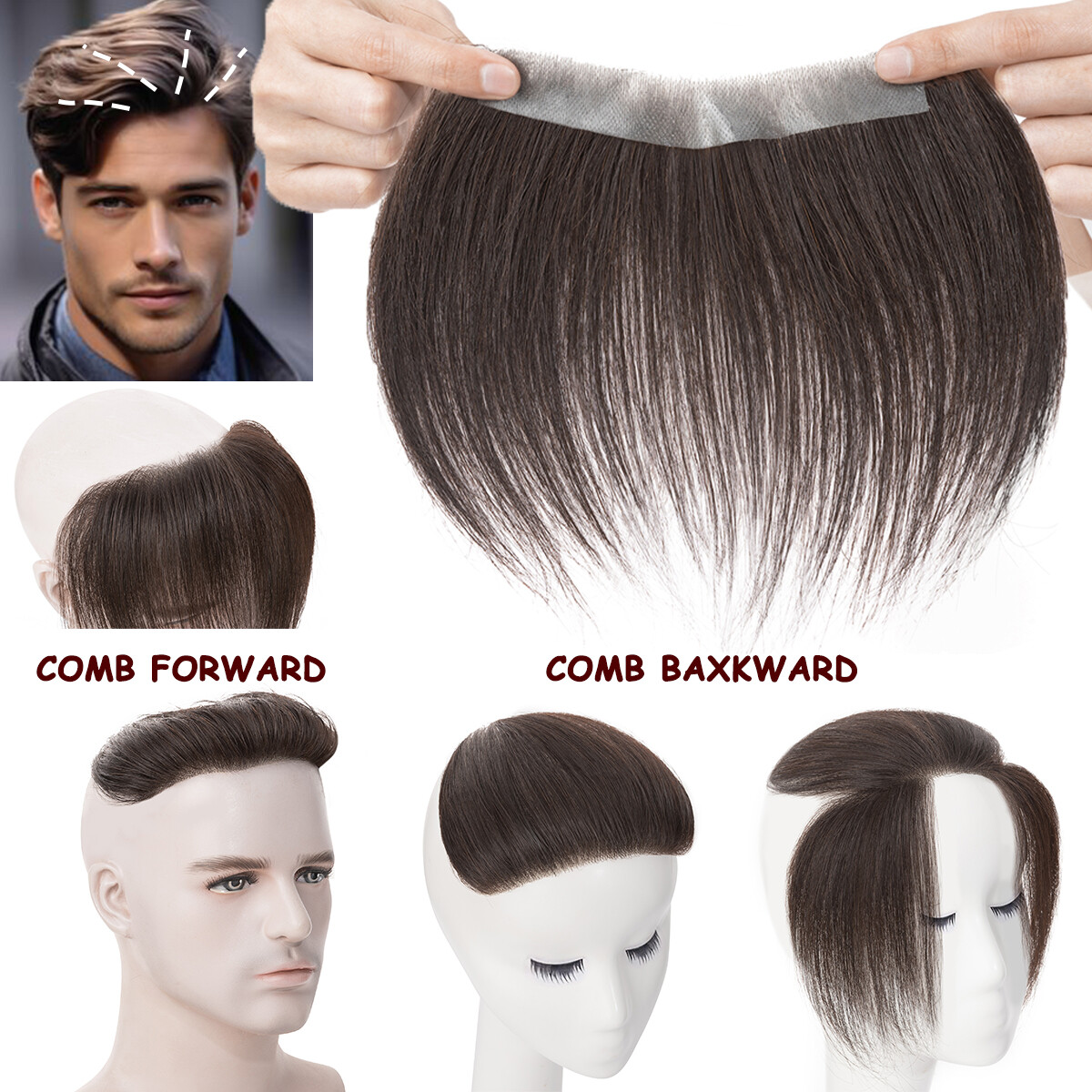 Mens Toupee Human Hair Replacement System V-loop Super Thin PU Skin Hairpiece US