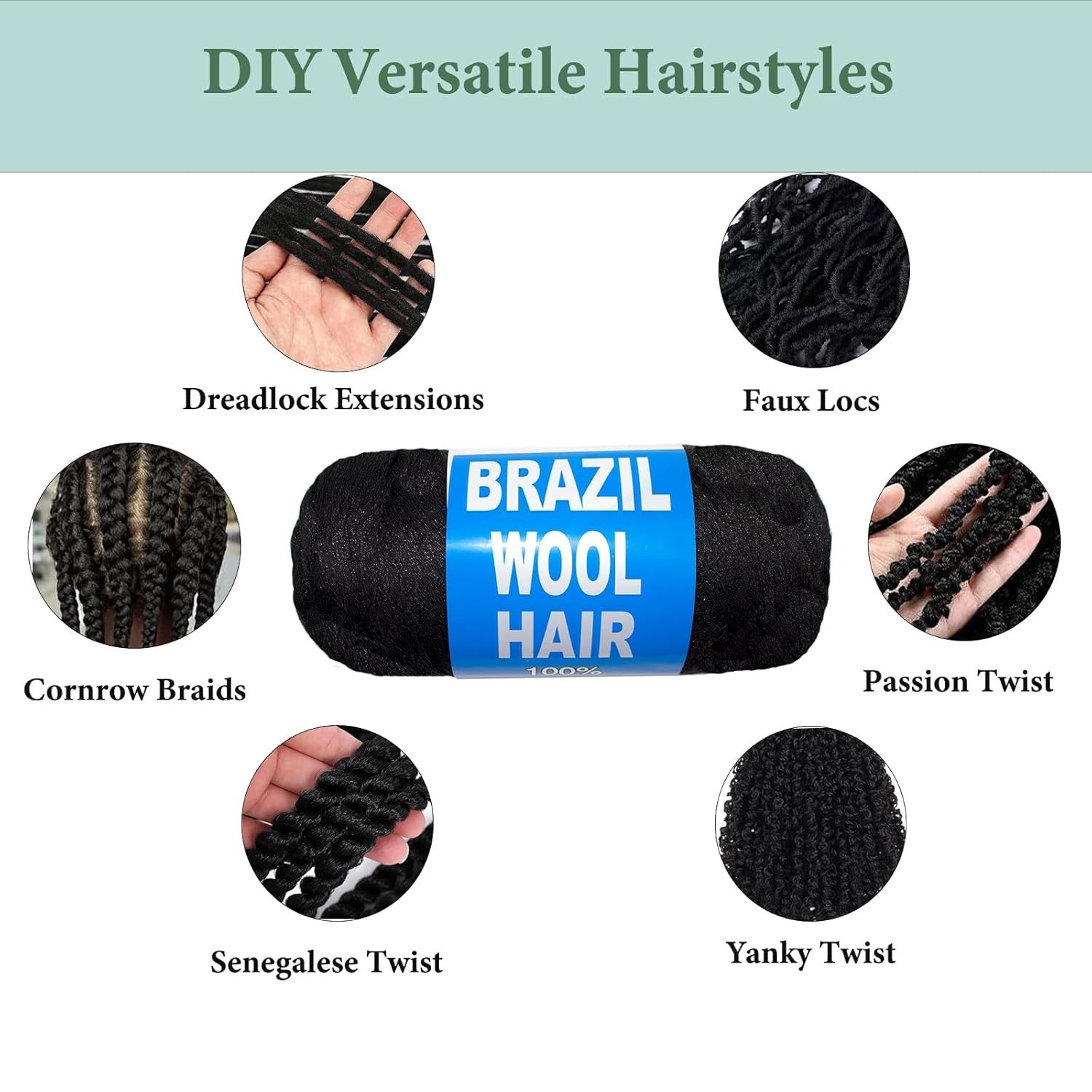 2 Roll Natural Black Brazilian Wool Hair Yarn for Jumbo Braids 2Roll, 1B