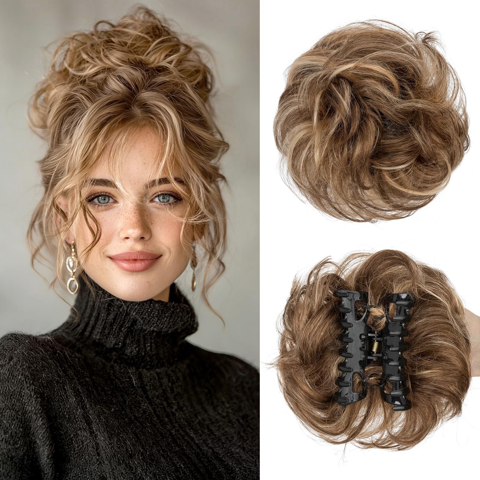 Claw Clip Messy Bun Hair Piece 100% Real Human Hair #4P27 Medium Brown Mix