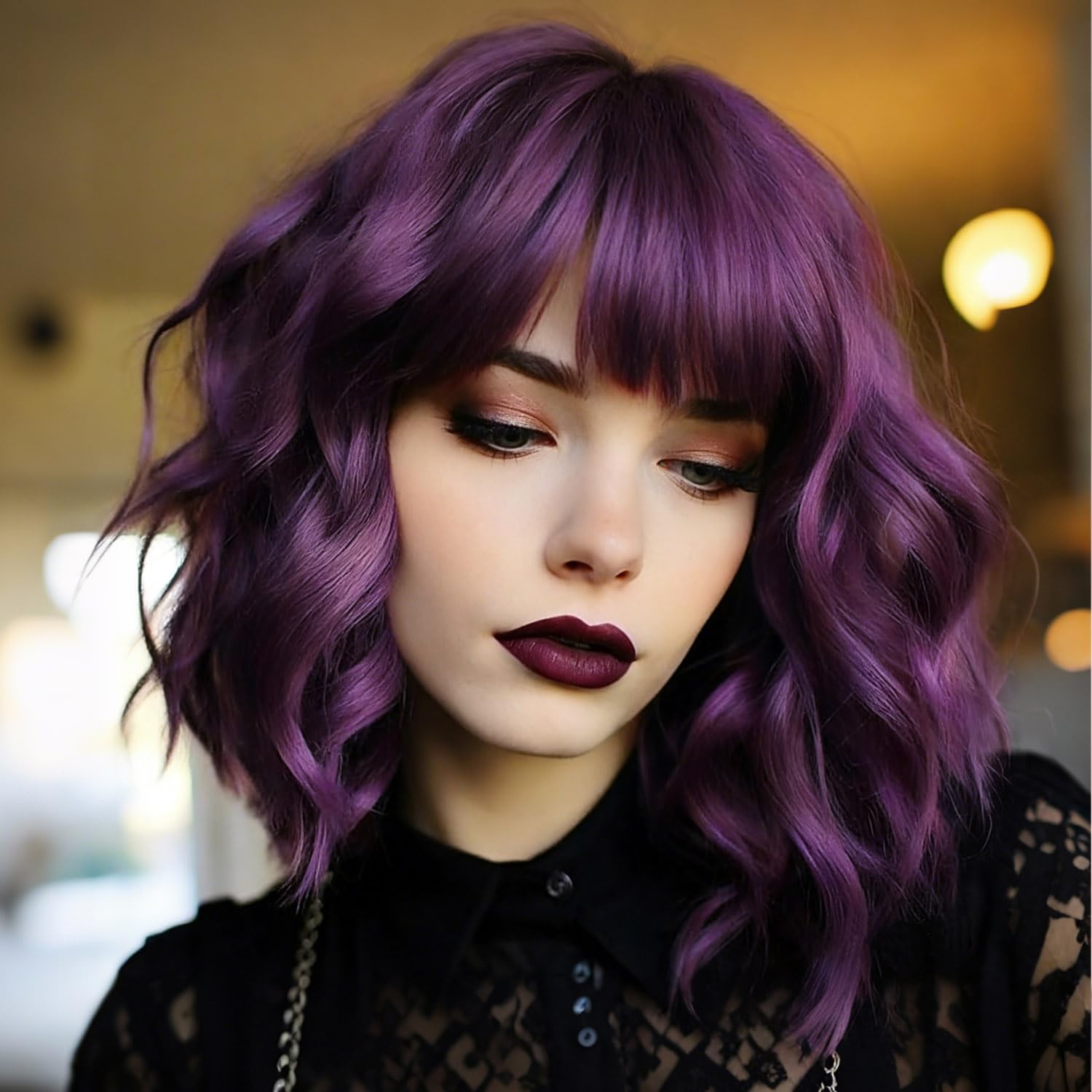 Amarlis Short Bob Wig Dark Purple Synthetic Wavy Wigs Bangs For Women – Cosplay