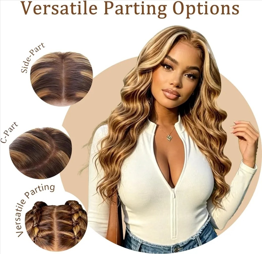 HD Lace Front Wig Human Hair Blend Highlights Straight Honey BROWN Blonde