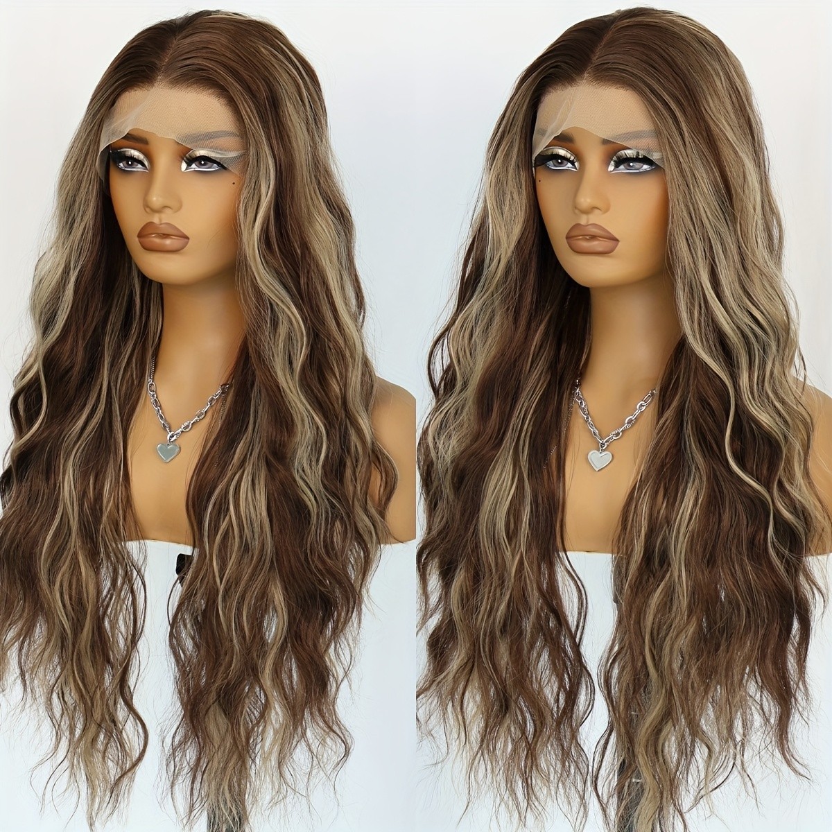 Glueless Long Curly Wave Lace Front Wigs Brown Hair Blonde Highlights Ombre Wig