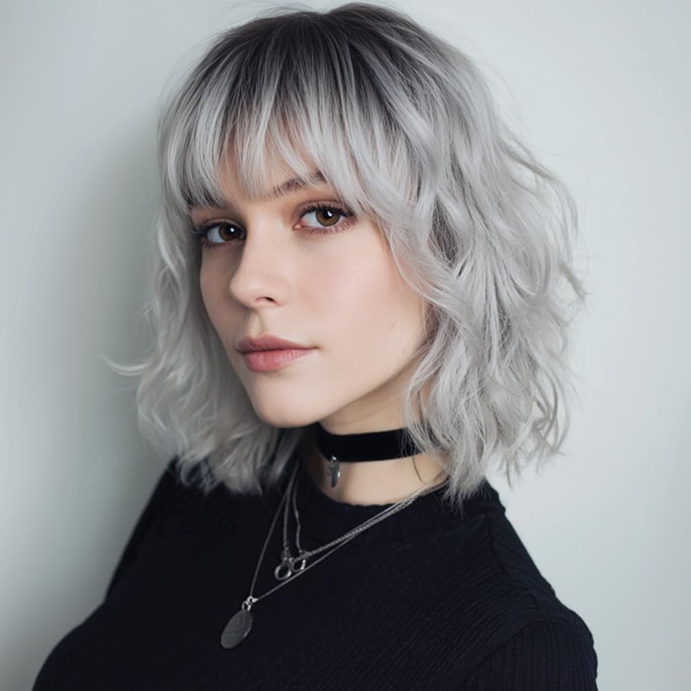 14″ Ombre Silver Grey Wavy Bob Wig for Women Daily Party 110E057391