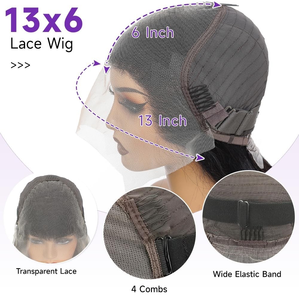 32″ 13×6 Lace Front Wig Human Hair, 200% Density, Pre-Plucked, Silky Smooth, Nat